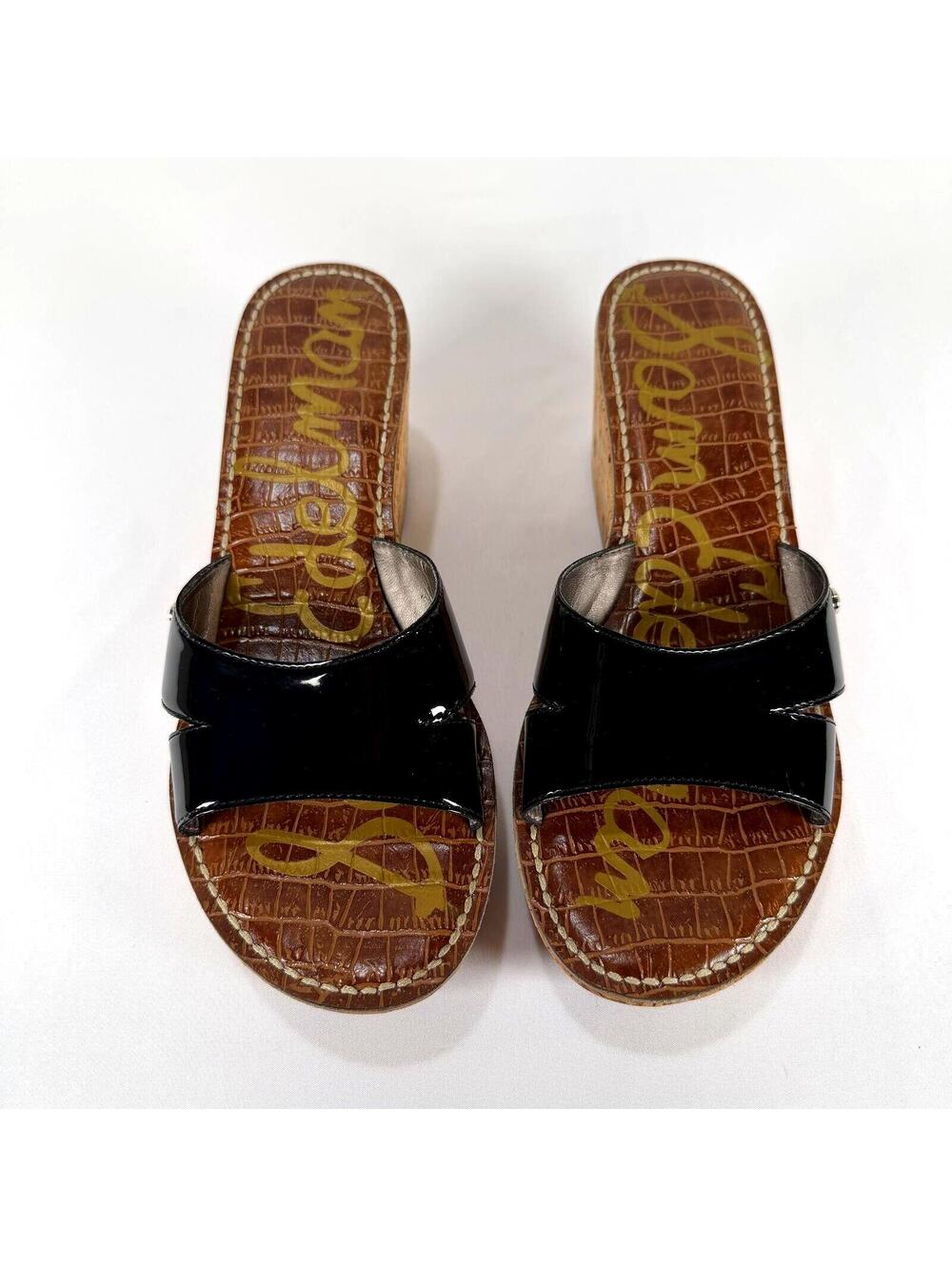 Sam Edelman Reid Black Patent Leather Cork Wedge Platform Sandals - 9